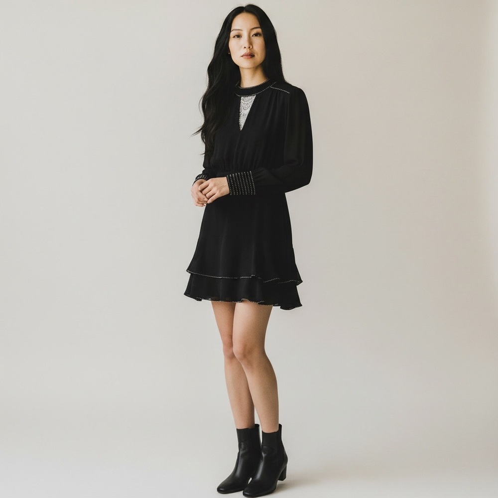 Parker Black Beaded 100% Silk Long Sleeve Mini Dress, Size 8